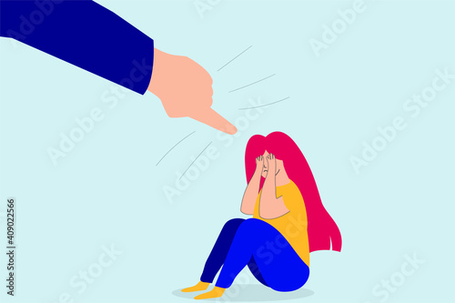 Flat design guilty woman character. Feeling pain and closes her face with hands from fingers pointed at her. Person with mental disorder issues. bullying on females vector.