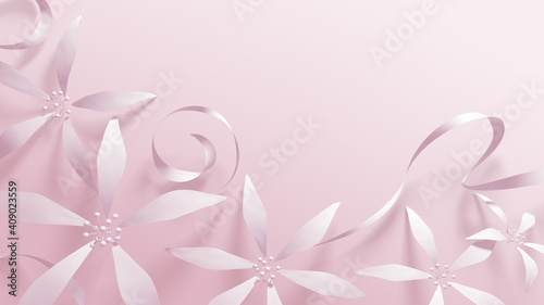 紙の花とリボンの装飾された背景　Paper flower and ribbon pink