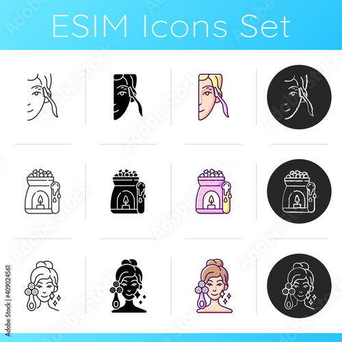 Skin-care tools icons set. Eyebrow razor. Wax warmer. Facial cleansing device. Relaxing tense muscles. Shaving. Hair removal option. Linear, black and RGB color styles. Isolated vector illustrations