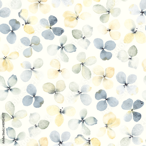 Floral seamless pattern with inflorescences hydrangea scattered on ivory background. Watercolor illustration in blue and yellow colors in vintage style.