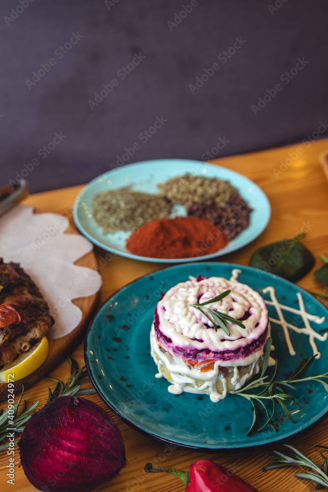 Russian traditional New Year's food. Herring under a fur coat