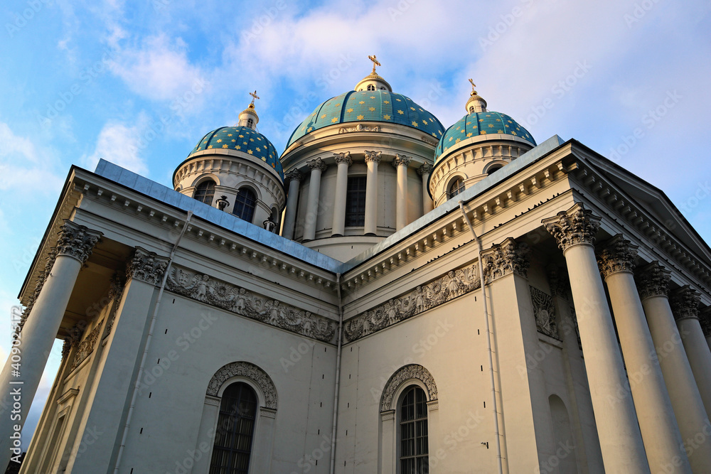 Holy Trinity Cathedral Life Guards, St. Petersburg, Russia. Beautiful building with columns on blue sky background.