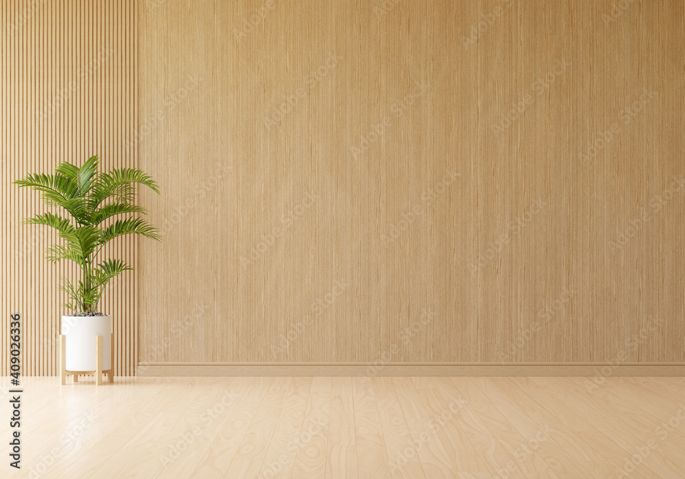 Green plant in wooden living room with free space for mockup, 3D rendering - obrazy, fototapety, plakaty 