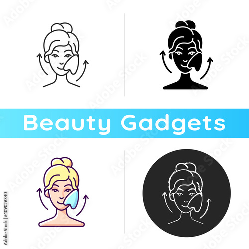 Gua sha stone icon. Removing puffiness under eyes. Angled stone. Scraping skin on face. Promoting blood flow. Chinese tool. Linear black and RGB color styles. Isolated vector illustrations