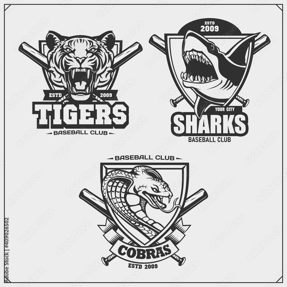 Set of baseball emblems, badges, logos and labels with tiger, shark and  snake. Print design for t-shirt. Stock Vector | Adobe Stock