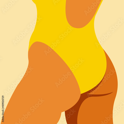 vector flat design illustration on the theme of summer and summer holidays. tanned beautiful female buttocks in a bright yellow swimsuit on the beach. can be used for web design, flyers, posters.