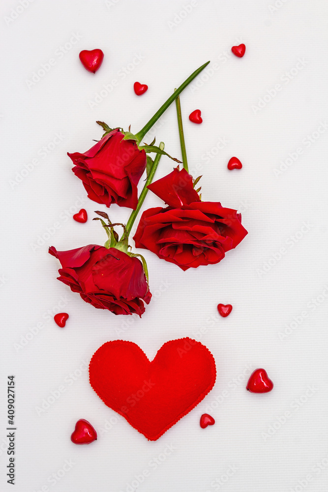 Red hearts and fresh fragrant rose isolated on white background