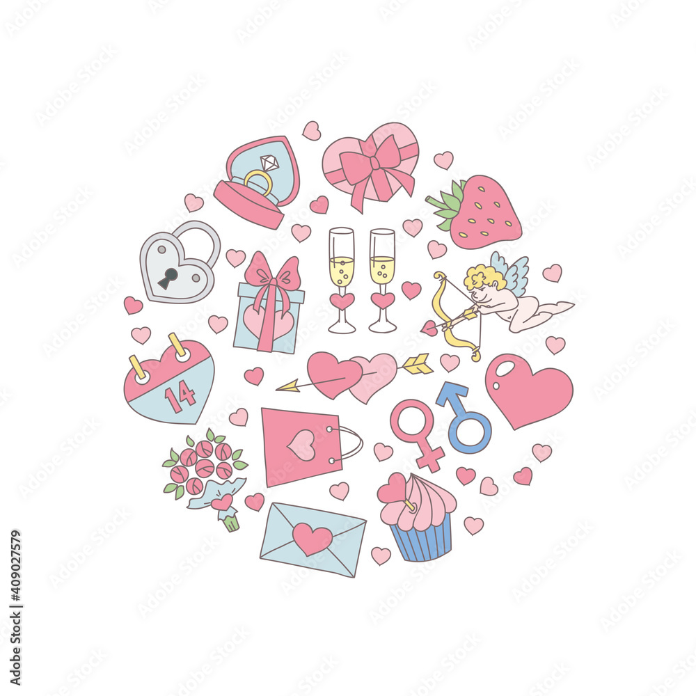 St. Valentine Day template. The circle background of valentine's day objects: heart, ring, flowers, cupid, chocolate box, etc. on white. Can be used for greeting cards, invitations, flyers. Vector 10 