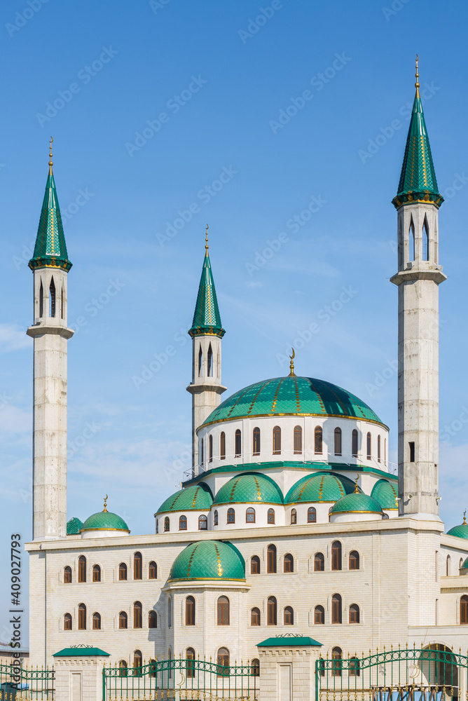 The cathedral mosque at sunny day in Cherkessk, Karachay-Cherkessia, Russia. details of the architectural ensemble.