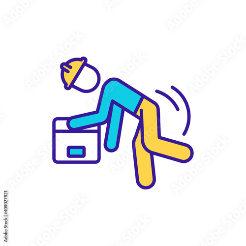 Warehouse worker accident precaution RGB color icon. Injury risk on factory. Trips, falls and slips. Warehouse management. Business administration, retail service. Isolated vector illustration