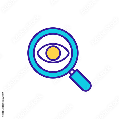 Investigation with magnifier RGB color icon. Information analysis. Data survey. Find details. Warehouse management. Business administration, retail service. Isolated vector illustration