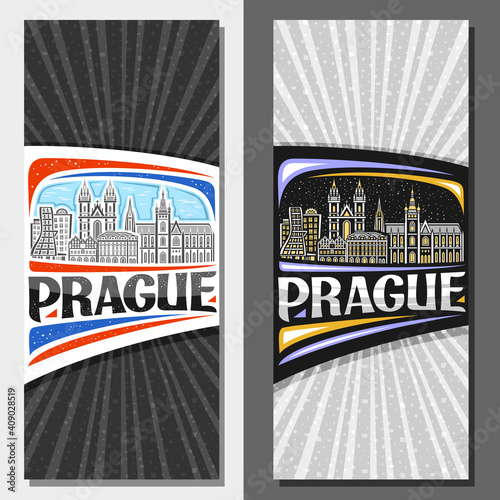 Vector vertical layouts for Prague, decorative flyers with illustration of historical prague city scape on day and dusk sky background, art design tourist card with unique lettering for word prague.