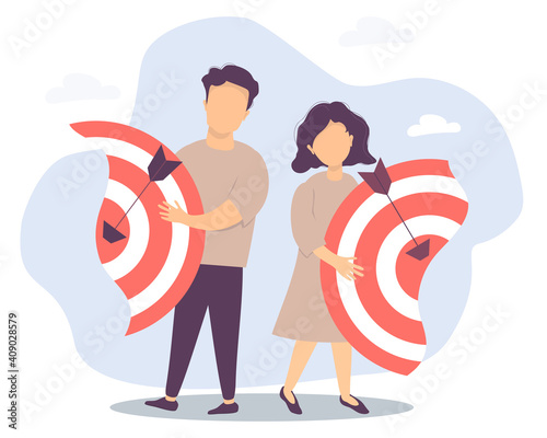 Vector illustration separating the two halves, relationships and teamwork, collaboration and collapse. Business concept - man and woman diverge. Each holds their own half of the target with arrows