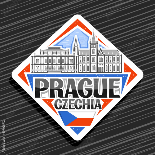 Vector logo for Prague, white rhombus road sign with outline illustration of prague city scape on day sky background, decorative fridge magnet with unique lettering for black words prague, czechia.