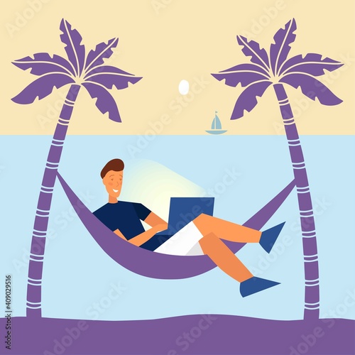 Enjoy work from home and outdoor, dream work, tropical vacation with a laptop. Always in touch. Man in a hammock on the beach. Flat style. Vector illustration.