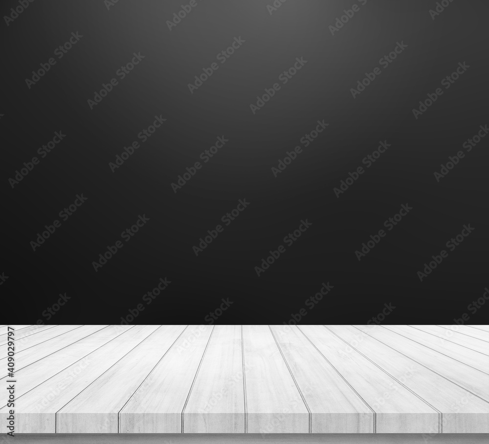 Wood plank with abstract black blurred background for product display