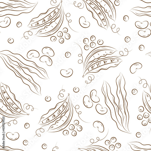 Beans and Peas Vector Seamless pattern. Vegetables black and white background.
