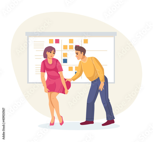 Situations of sexual harassment - employee in office grabs female colleague by skirt. Violence and coercion at work, abusive behavior, sexism discrimantion