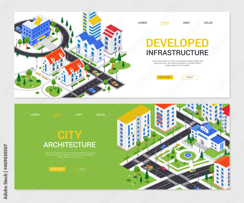 City infrastructure - set of modern colorful isometric web banners City infrastructure - set of modern colorful isometric web banners