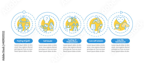 Procrastination signs vector infographic template. Guiltiness, low self esteem presentation design elements. Data visualization with 5 steps. Process timeline chart. Workflow layout with linear icons