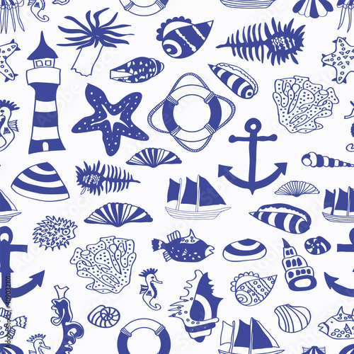 Vector seamless pattern, marina nautilus topic with anchor, shit, lighthouse, shell, cone, save ring, fish etc. Blue elements on white background.