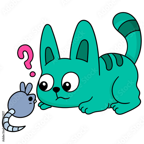 Cute pet kitten meets mouse and plays, doodle icon image kawaii