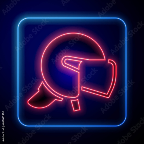 Glowing neon Police helmet icon isolated on blue background. Military helmet. Vector.