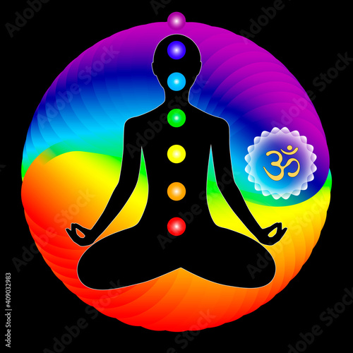 The aura of the body. Rainbow color marked layers of the male body. Etheric, emotional, metallic, astral, celestial and causal layer. Isolated vector on black background, Vector