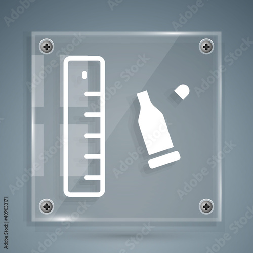 White Bullet casing as a piece of evidence placed with forensic ruler for documentation icon isolated on grey background. Concept of crime scene. Square glass panels. Vector.