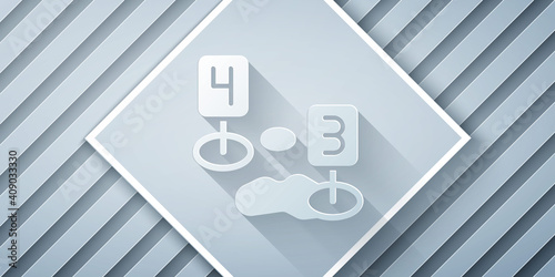 Paper cut Marker of crime scene icon isolated on grey background. Paper art style. Vector.