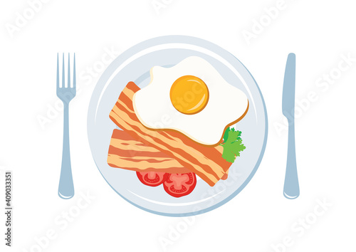 Bacon and egg on a plate top view icon vector. Breakfast with bacon and egg vector. Bacon, tomato and fried egg on plate icon isolated on a white background