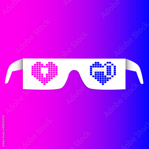 3D glasses with white heart and white key on the background of the gradient