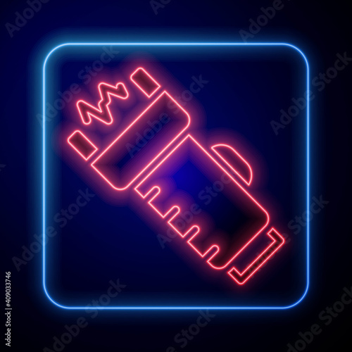 Glowing neon Police electric shocker icon isolated on blue background. Shocker for protection. Taser is an electric weapon. Vector.