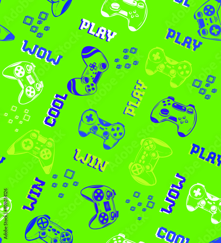 Seamless pattern with gamepads on endless green background with digital elements end slogans. Gaming repeat print for sport textile, fashion clothes, wrapping paper.