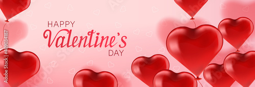 Valentine's day banner, red and pink balloons hearts on pink background.