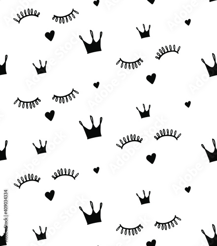 Lashes repeats print. Eyes seamless pattern. Hearts and crown endless ornament.