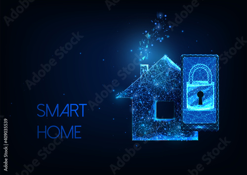 Futuristic smart home concept with glowing low polygonal smartphone, lock and house on dark blue