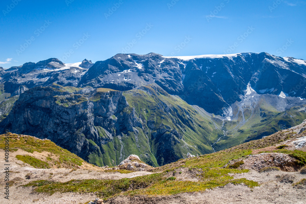 Mountain glaciers landscape view from the Petit Mont Blanc in Pralognan la Vanoise, French alps Mountain glaciers landscape view from the Petit Mont Blanc in Pralognan la Vanoise, French alps
