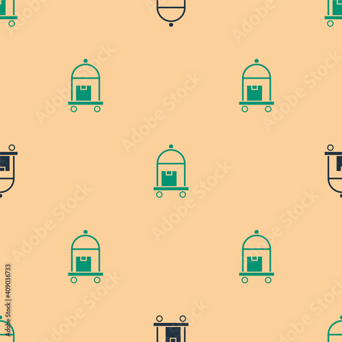 Green and black Hotel luggage cart with suitcase icon isolated seamless pattern on beige background. Traveling baggage sign. Travel luggage icon. Vector.