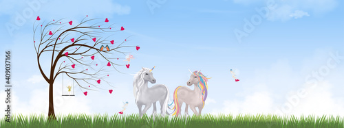 Valentine tree with red heart leaves  in grass fields, Unicorn lover, Couple Kingfisher bird, cute little fairies flying and standing on swingVector minimal greeting card for Valentine or Wedding