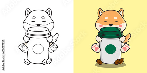 Cute shiba inu dog hugging a hot takeaway coffee cup decorated with coffee bean. Children coloring page. Flat style illustration vector.