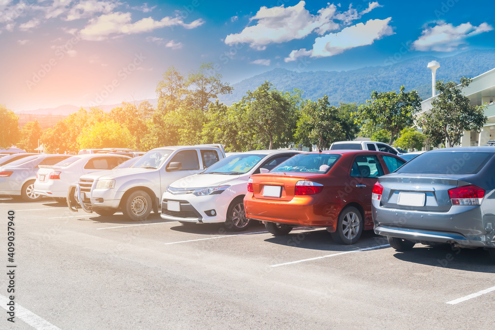 Fototapeta premium Cars parking in large asphalt parking lot in ta row with trees, sky, mountain background in a park.