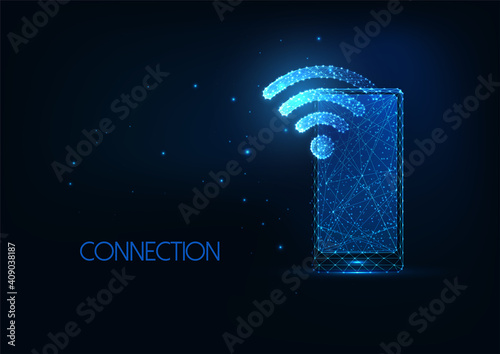Futuristic wifi network concept with glowing low polygona smartphone and wi-fi symbol