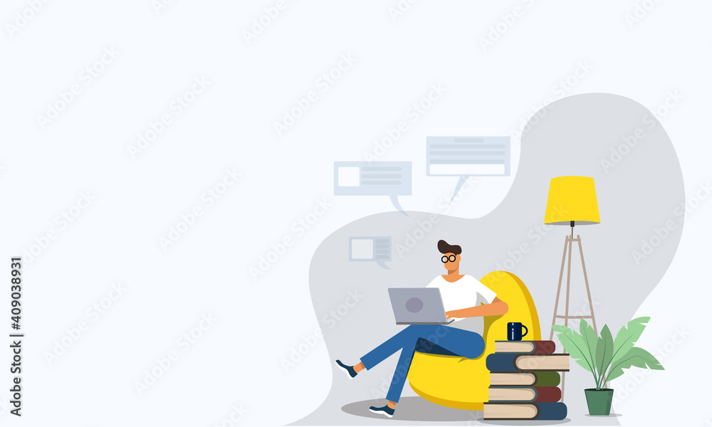 Freelance worker. Man works comfortably on a laptop at home in a chair. Freelance male character, comfortable workspace in home office. Work from home vector illustration. Freelance worker. Man works comfortably on a laptop at home in a chair. Freelance male character, comfortable workspace in home office. Work from home vector illustration.