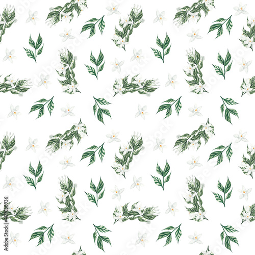 seamless pattern with leaves and orange blossom