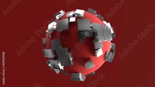 3d render white sphere with small metal cubes