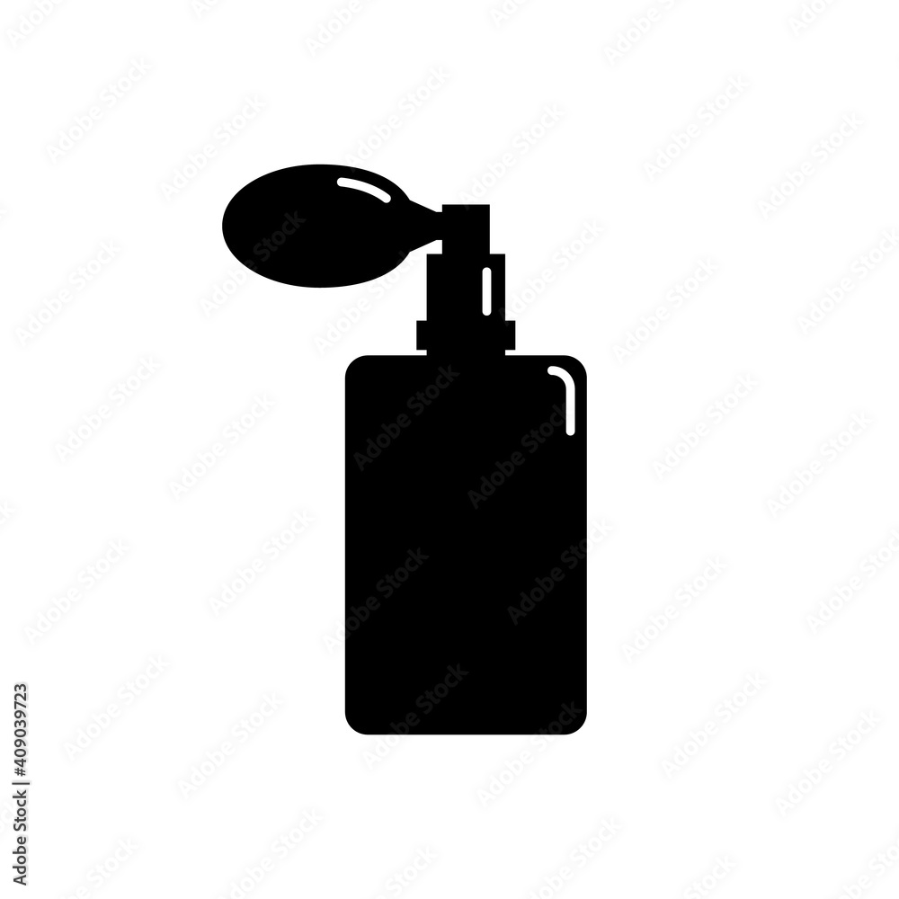 Perfume bottle isolated icon on white background. Illustration design in form of silhouette with thin white lines. Isolated icon in flat style on background. Spray system. Female cosmetic business Perfume bottle isolated icon on white background. Illustration design in form of silhouette with thin white lines. Isolated icon in flat style on background. Spray system. Female cosmetic business