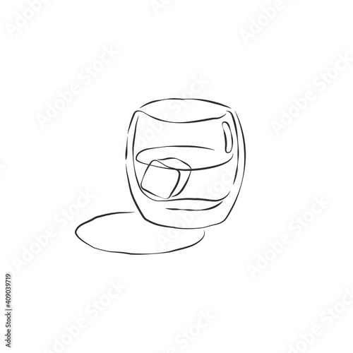 Glass shot whiskey with ice cube. Contour drawing of drink. Retro wineglass hand draw, design for any purposes. Restaurant illustration. Simple sketch. Isolated on white backdrop in engraving style