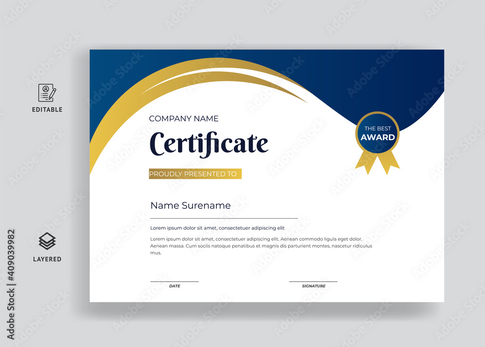 Certificate of appreciation template blue & gold color certificate design
