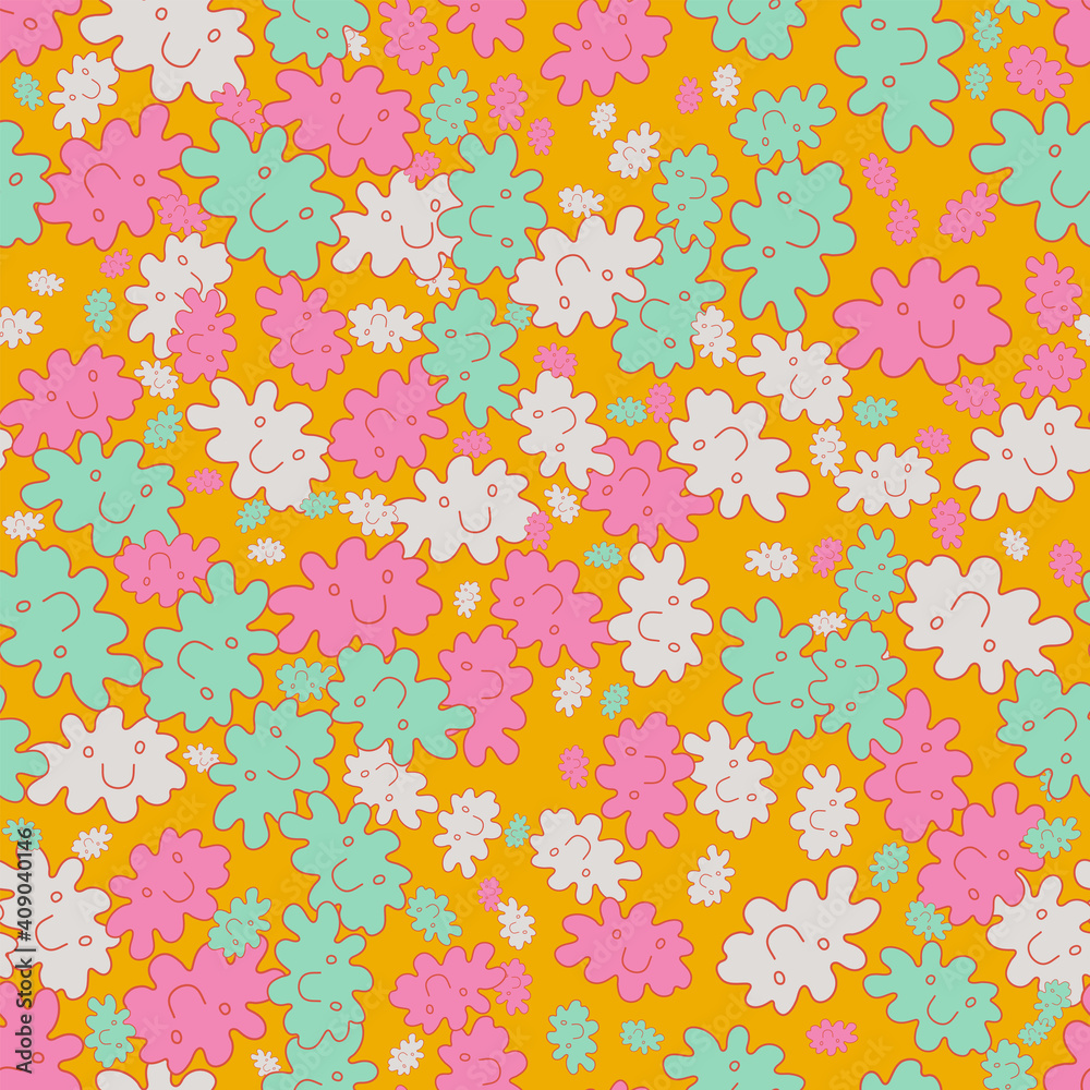 Bright themed vector seamless pattern of chaotically scattered smileys